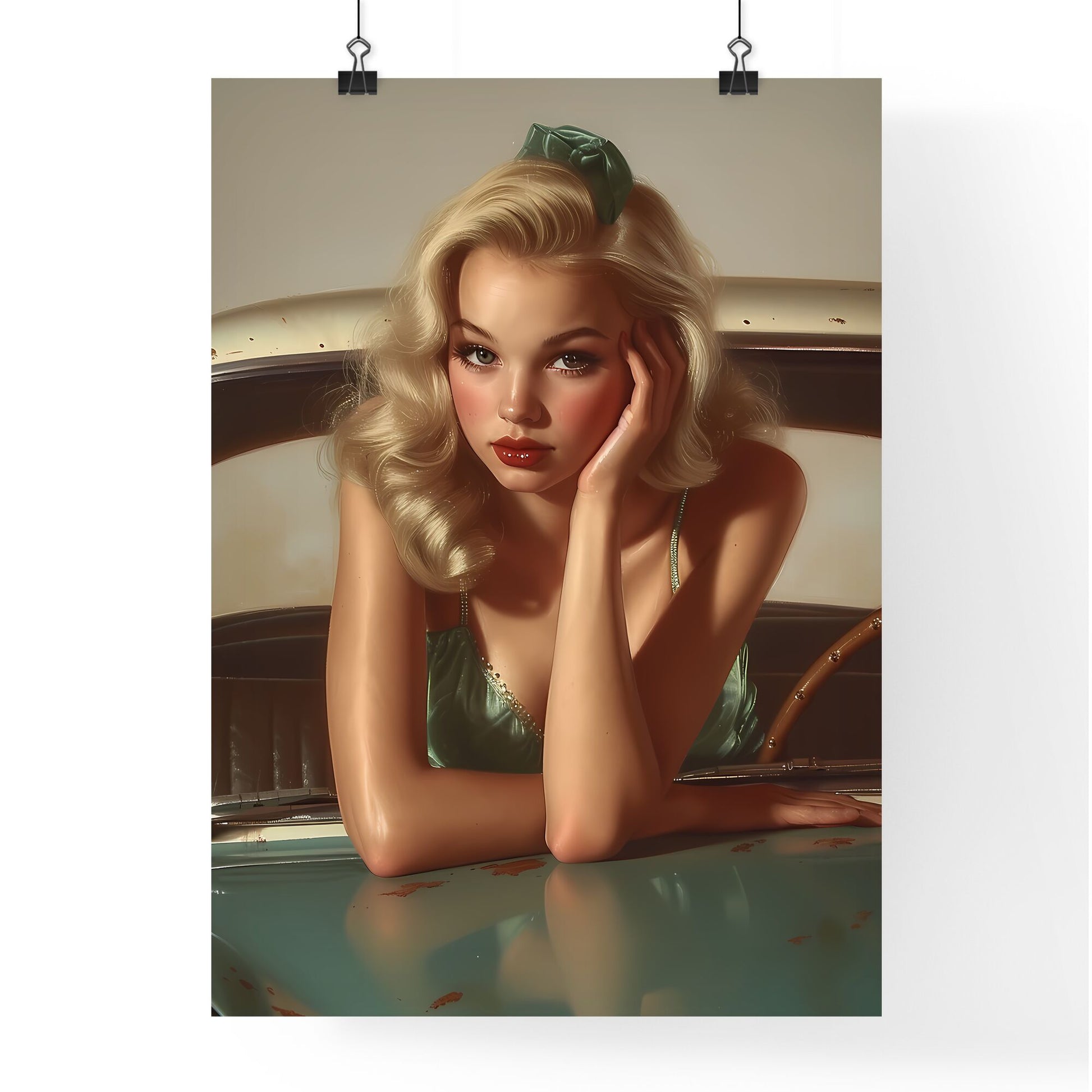 The vintage pin up girl leaning on a car - Art print of a woman sitting at a table Default Title