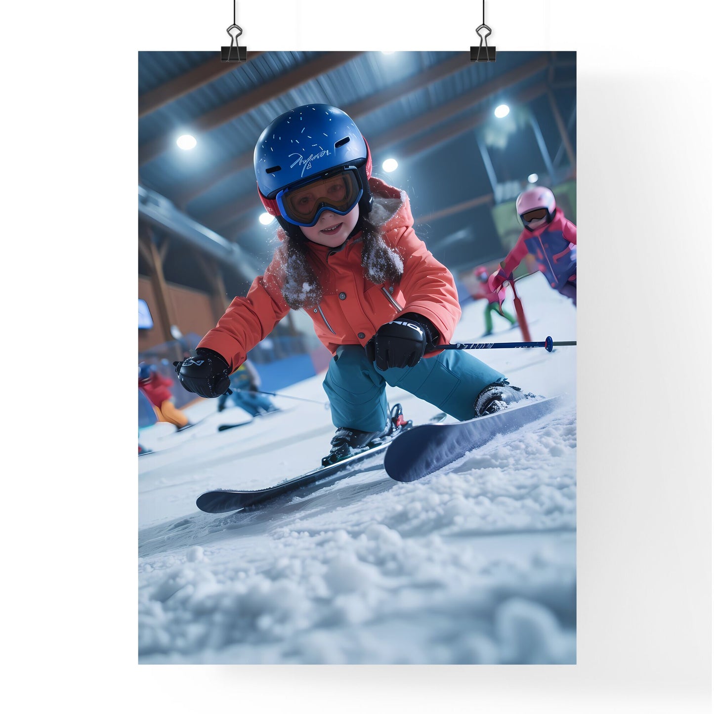 In the indoor ski resort, skiers gallop on the snow track - Art print of a girl in a helmet and skis Default Title