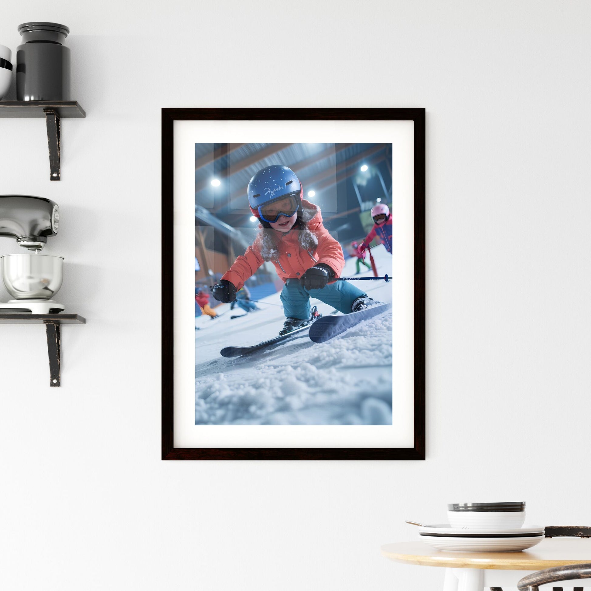 In the indoor ski resort, skiers gallop on the snow track - Art print of a girl in a helmet and skis Default Title