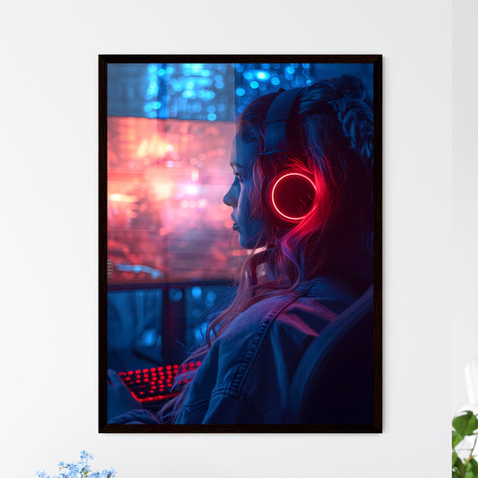 A trendy gamer streams herself - Art print of a woman wearing headphones and looking at a computer screen Default Title