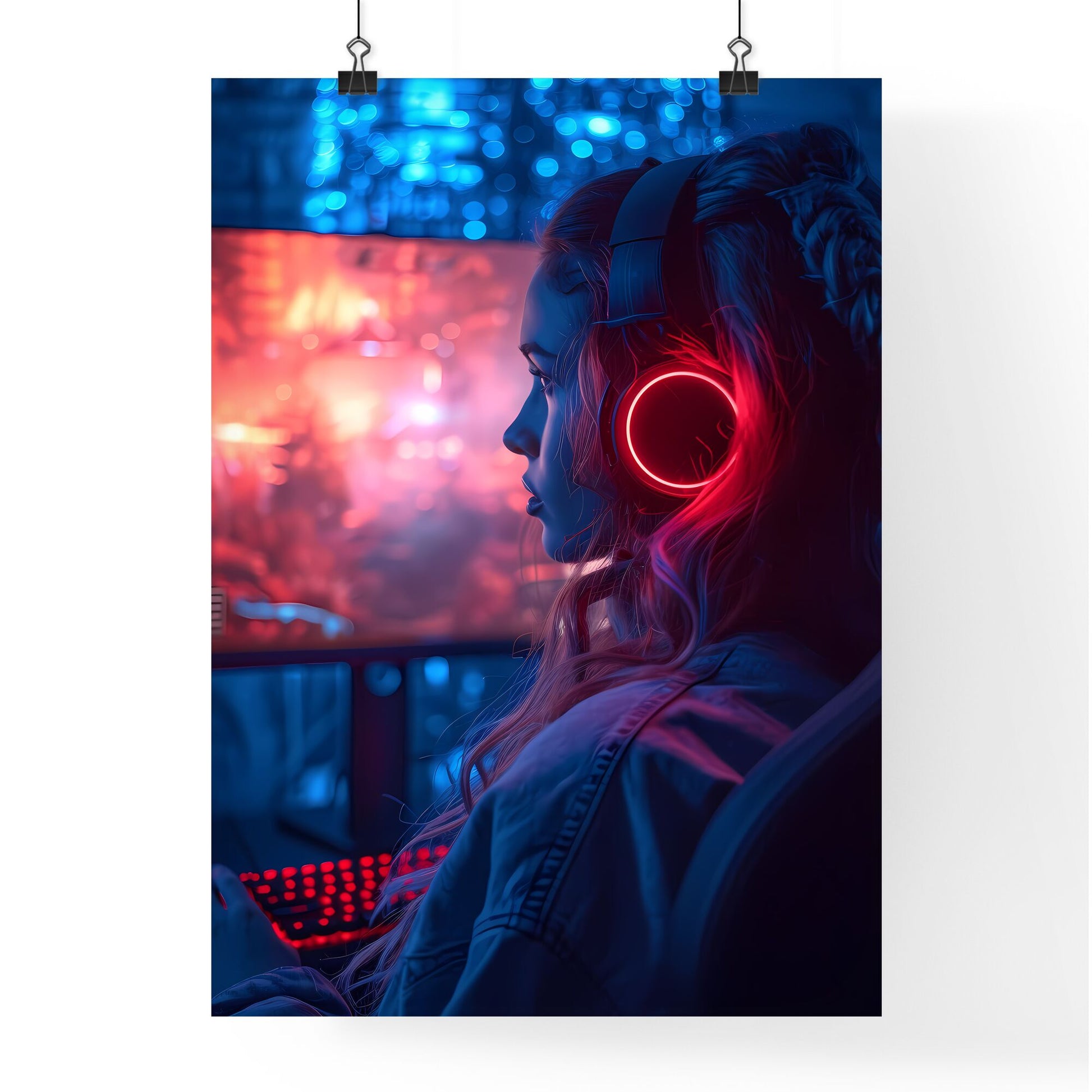 A trendy gamer streams herself - Art print of a woman wearing headphones and looking at a computer screen Default Title