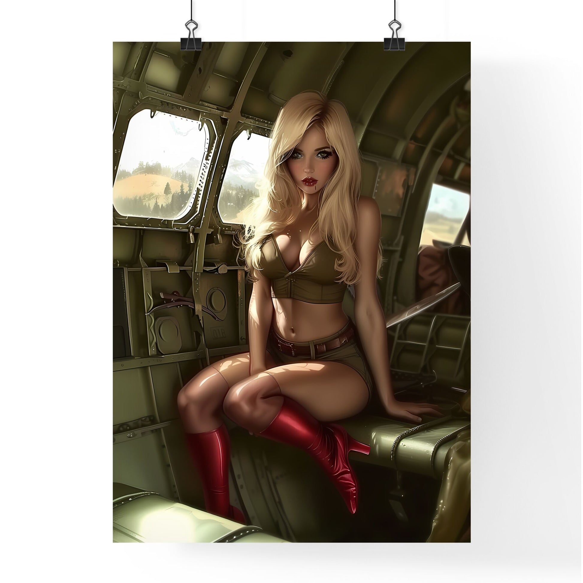 Blonde pin up girl in stockings with red high heels aviation style - Art print of a woman in a military uniform sitting on a green plane Default Title
