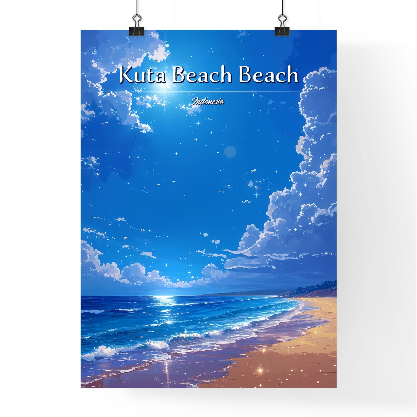 Kuta Beach Beach, Indonesia - Art print of a beach with a sandy beach and a blue sky with clouds Default Title