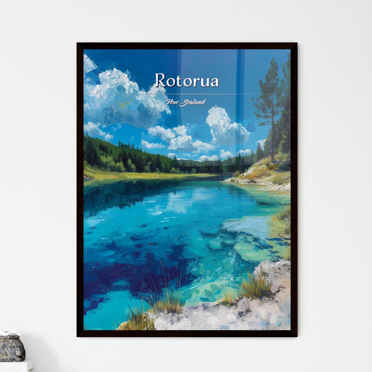 Rotorua, New Zealand - Art print of a blue lake with trees and blue sky Default Title