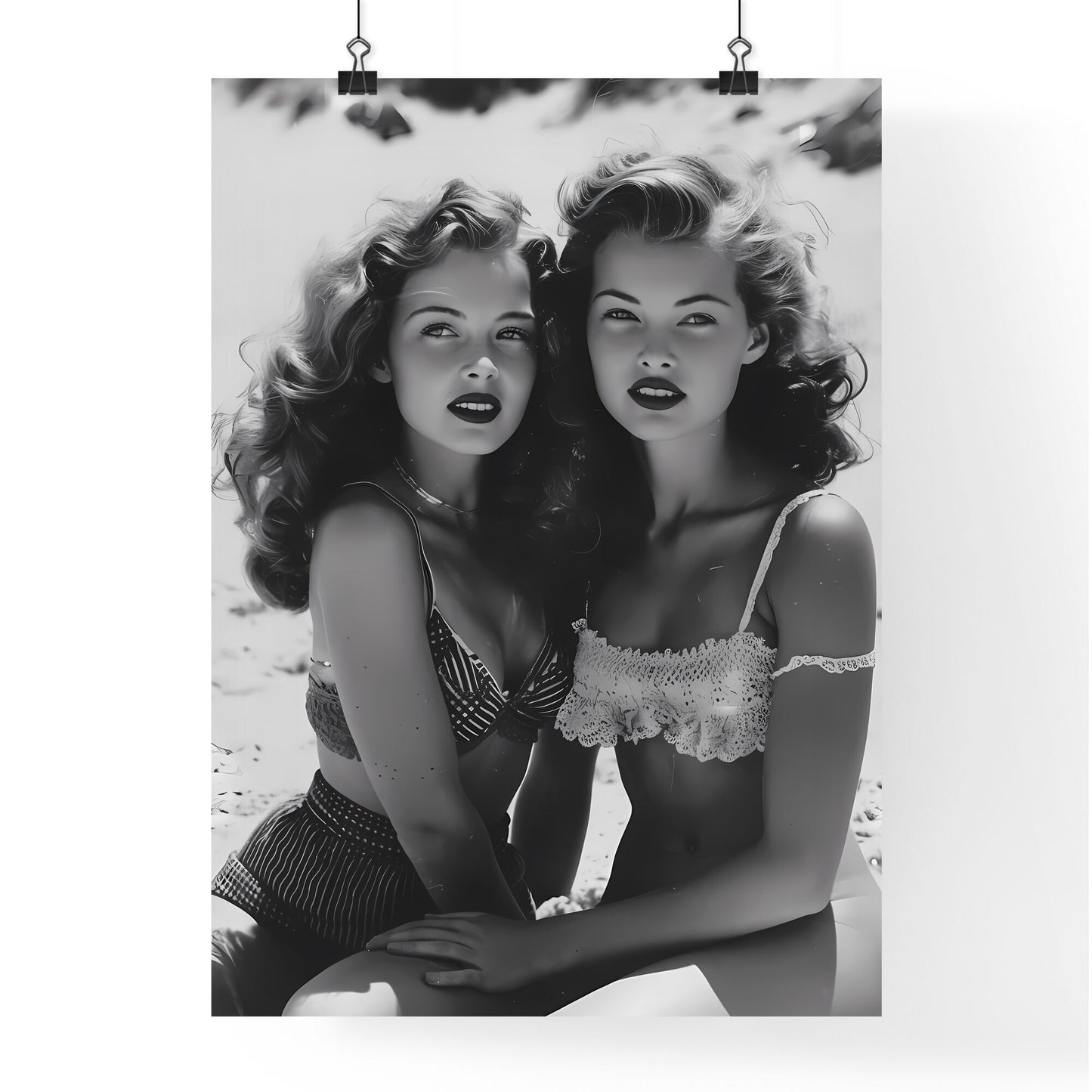 American pin up, pin up girls - Art print of two women sitting on the beach Default Title