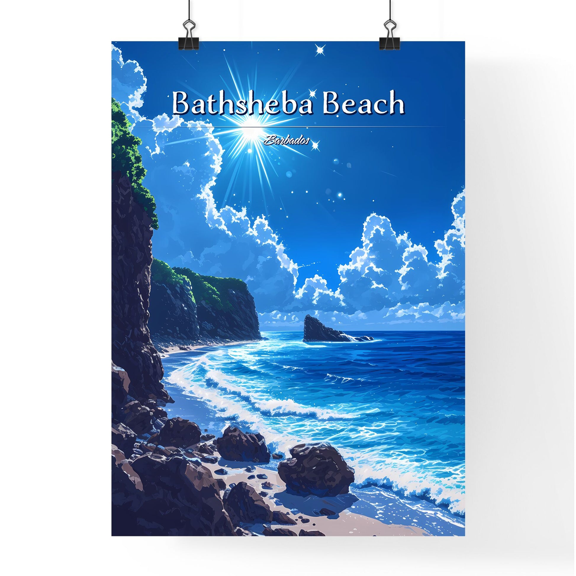 Bathsheba Beach, Barbados - Art print of a beach with rocks and water and a sunny sky Default Title