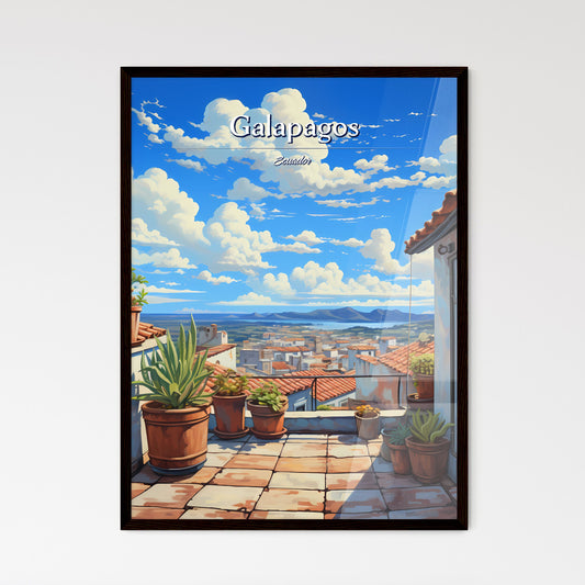 On the roofs of Galapagos, Ecuador - Art print of a rooftop with potted plants and a city in the background Default Title
