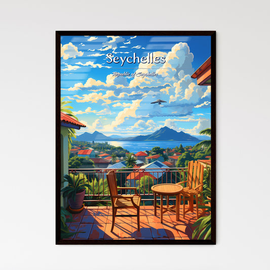 On the roofs of Seychelles, Republic of Seychelles - Art print of a balcony with chairs and a view of a city and mountains Default Title