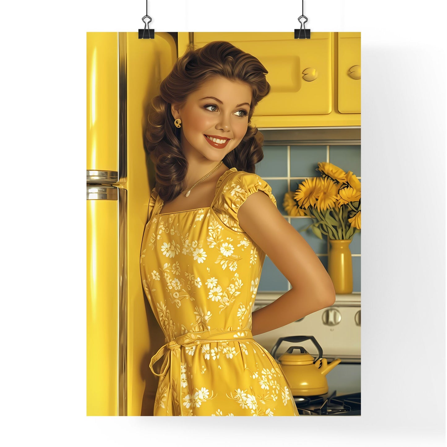 A young woman cleaning a stain off her apron - Art print of a woman in a yellow dress Default Title