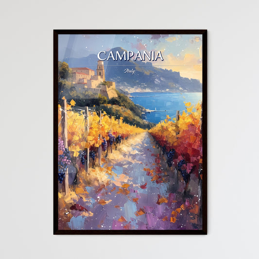 Campania, Italy - Art print of a painting of a vineyard with a building and a mountain in the background Default Title