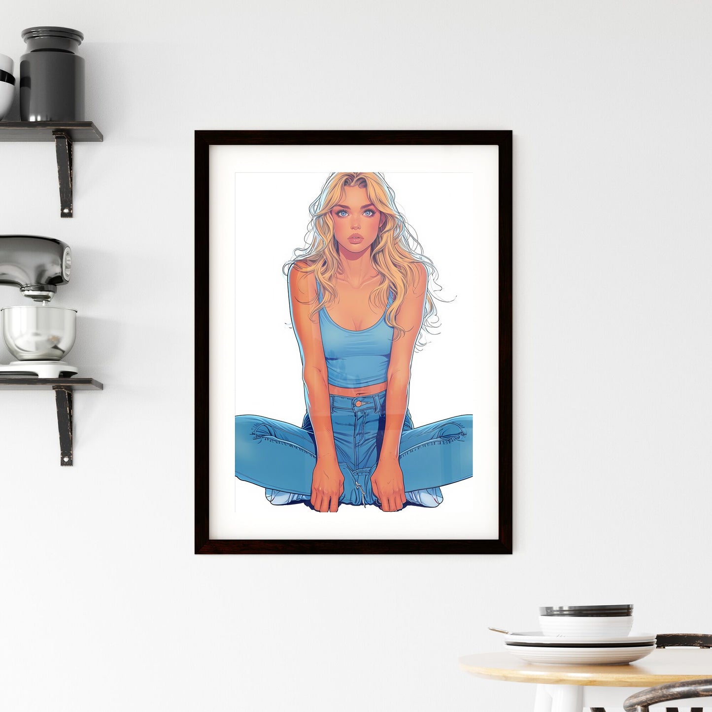 Sitting pin up factory worker girl - Art print of a woman sitting cross legged Default Title