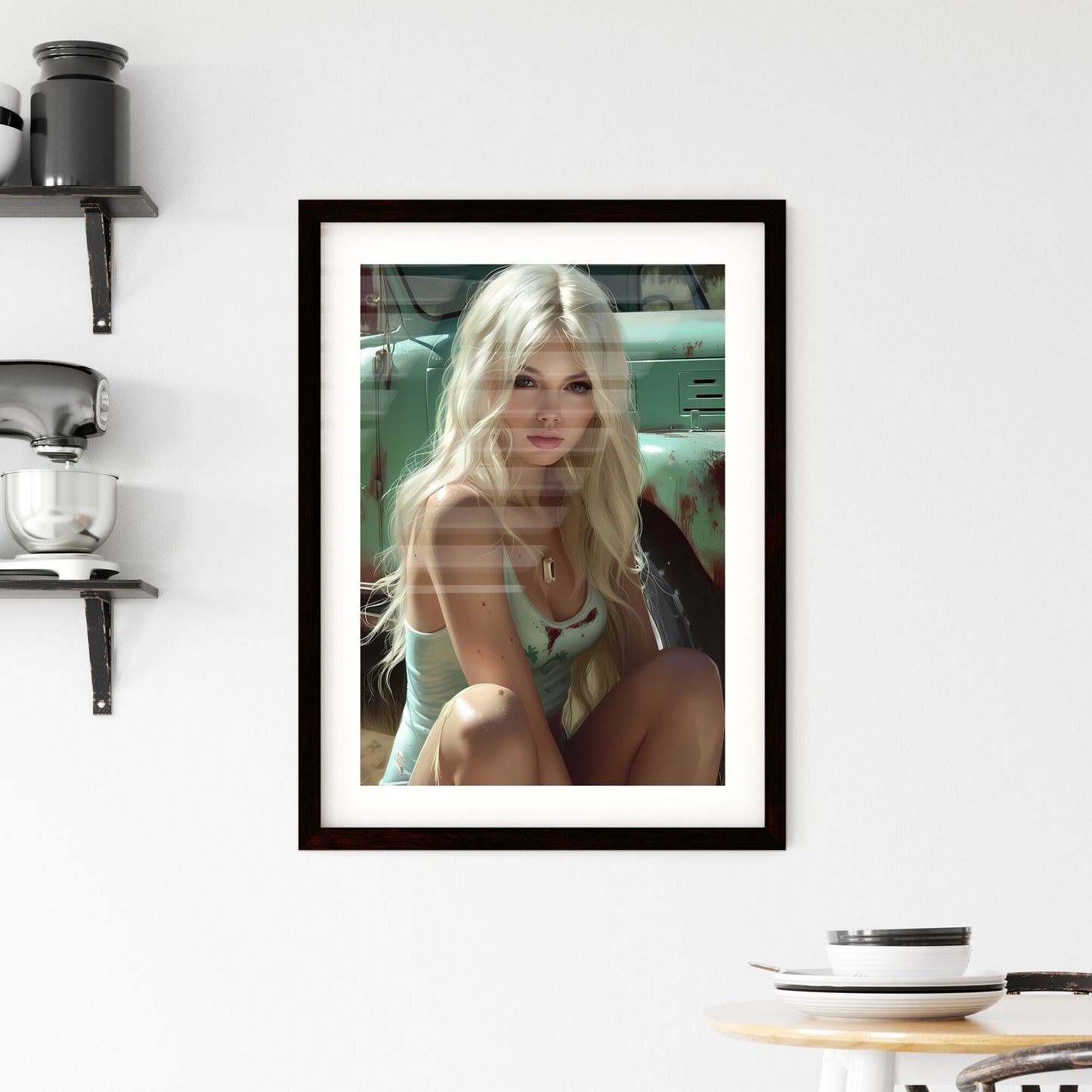 Sitting pin up factory worker girl,looking amazing - Art print of a woman sitting on a truck Default Title