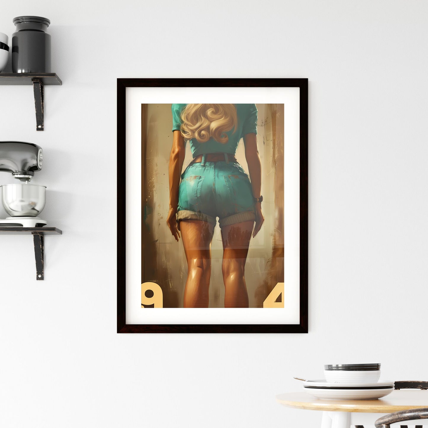 Pin-up girl,Asia, full body, visible toned legs - Art print of a woman in shorts and a blue shirt Default Title