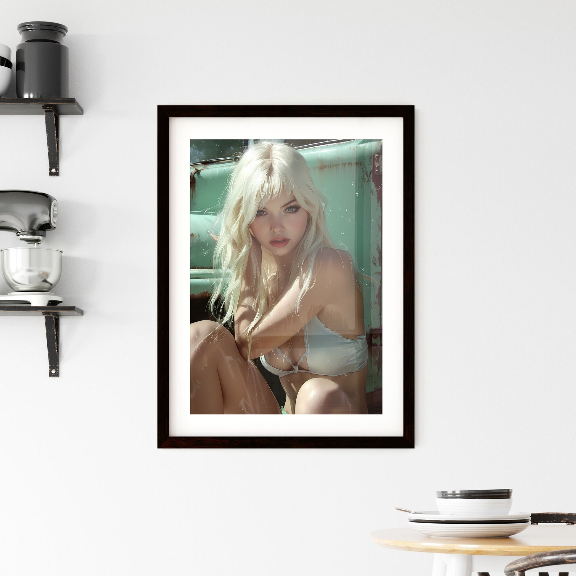 Sitting pin up factory worker girl,looking amazing - Art print of a woman in a garment posing for a picture Default Title