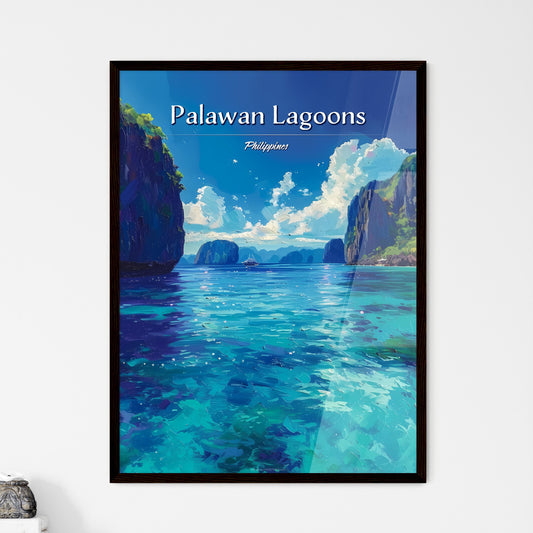 Palawan Lagoons, Philippines - Art print of a body of water with tall cliffs and a boat in the distance Default Title