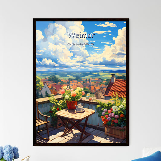 On the roofs of Weimar - Art print of a table and chairs on a balcony with a view of a town and a valley Default Title