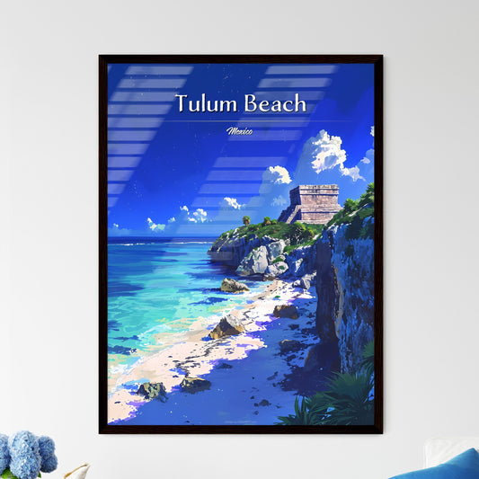 Tulum Beach, Mexico - Art print of a beach with rocks and a building on the side Default Title