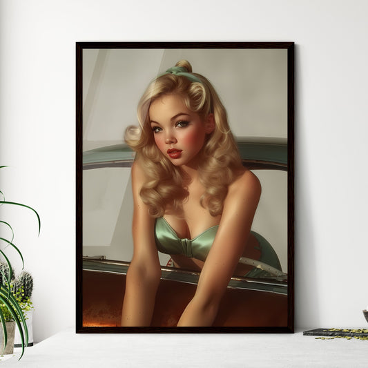 The vintage pin up girl leaning on a car - Art print of a woman in a garment leaning on a car Default Title