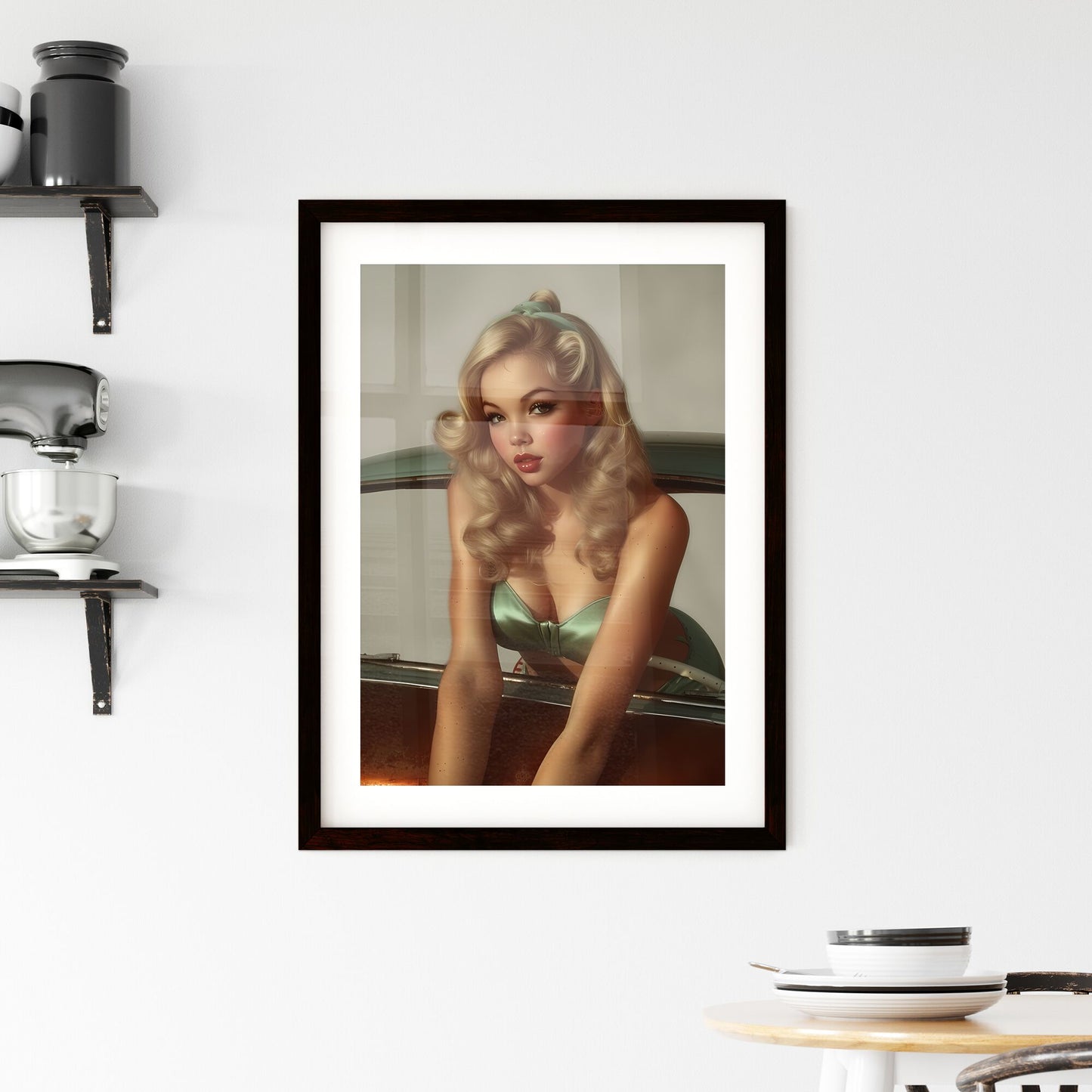 The vintage pin up girl leaning on a car - Art print of a woman in a garment leaning on a car Default Title