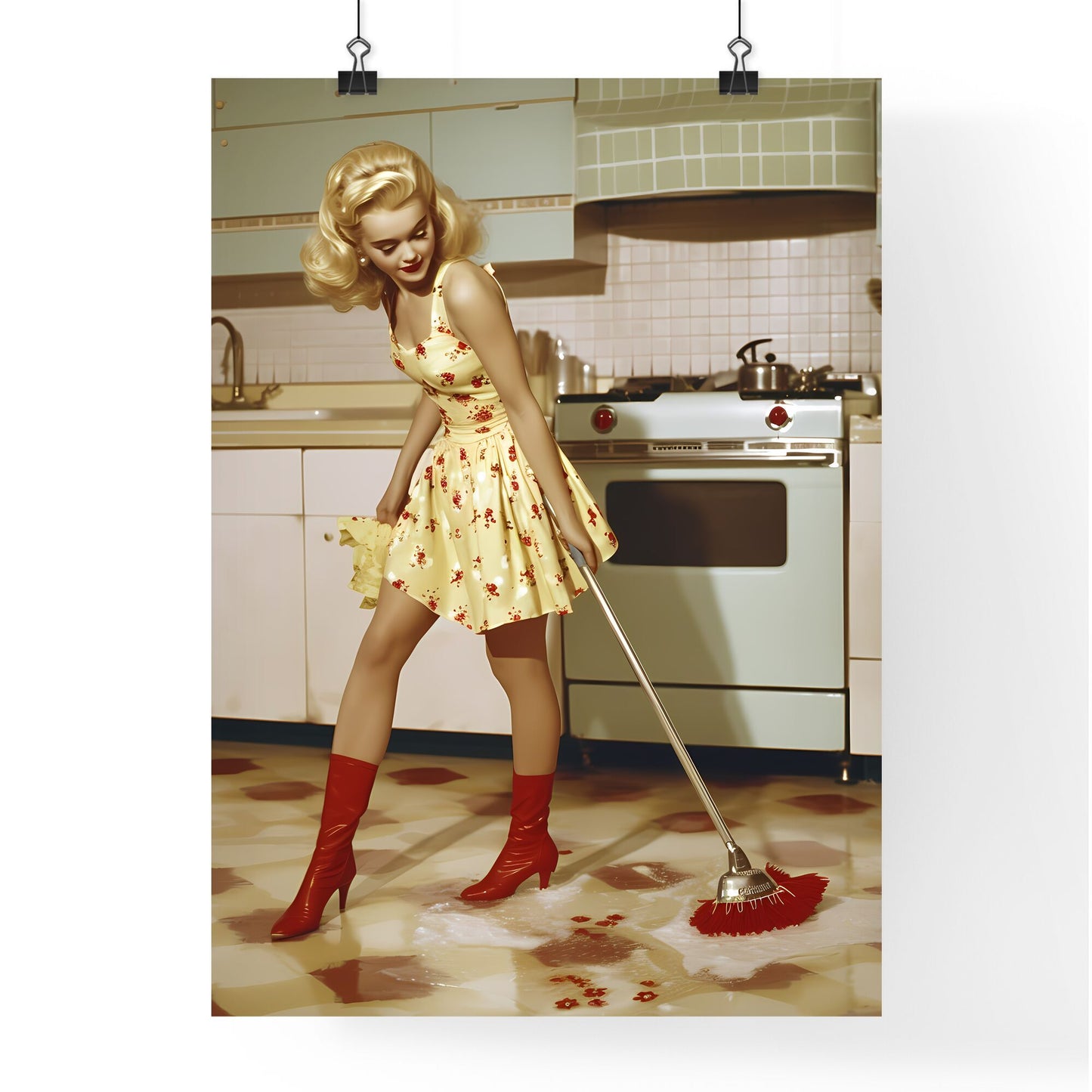 A housewife in a beautiful outfit is cleaning and she is happy, her face is very beautiful - Art print of a woman in a dress sweeping the floor Default Title