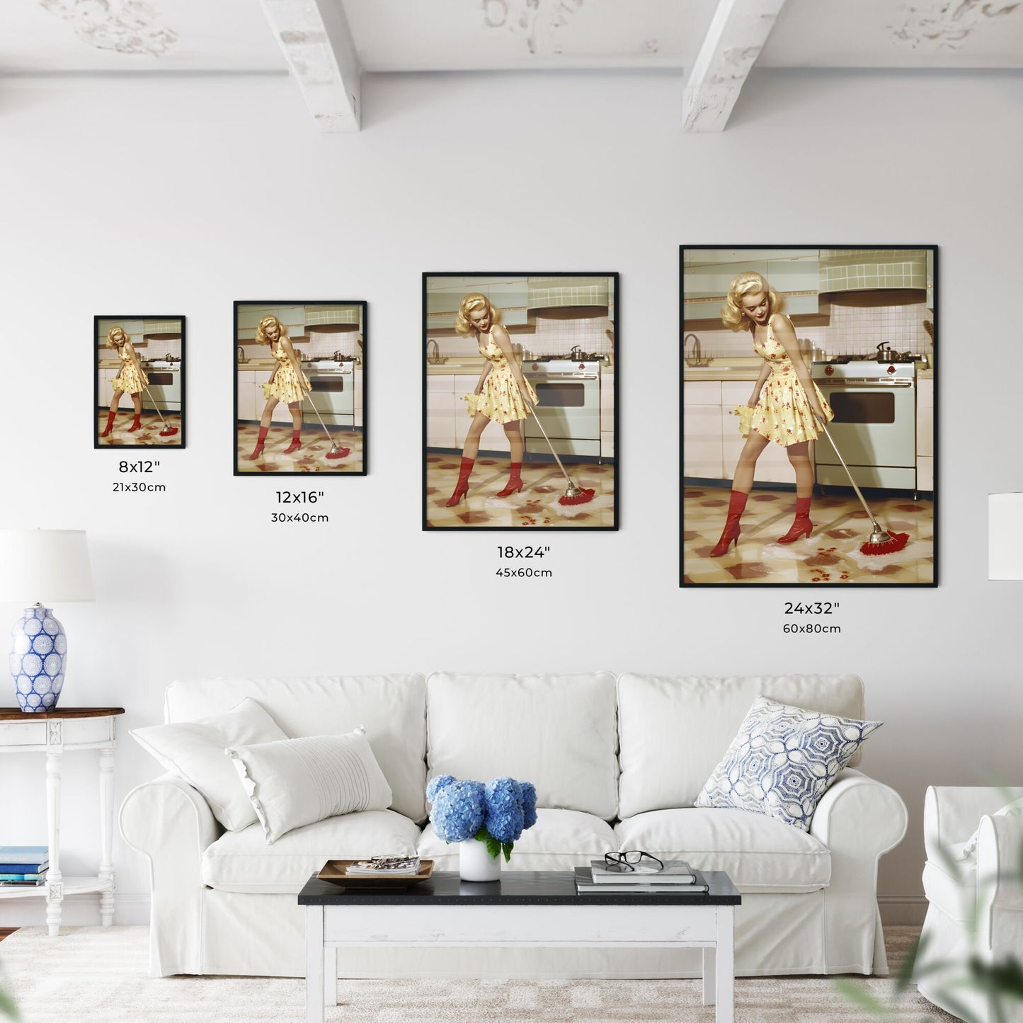 A housewife in a beautiful outfit is cleaning and she is happy, her face is very beautiful - Art print of a woman in a dress sweeping the floor Default Title
