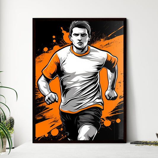 T-shirt design on black background, running Niche, flat illustration Style, - Art print of a man running with orange paint splashes Default Title