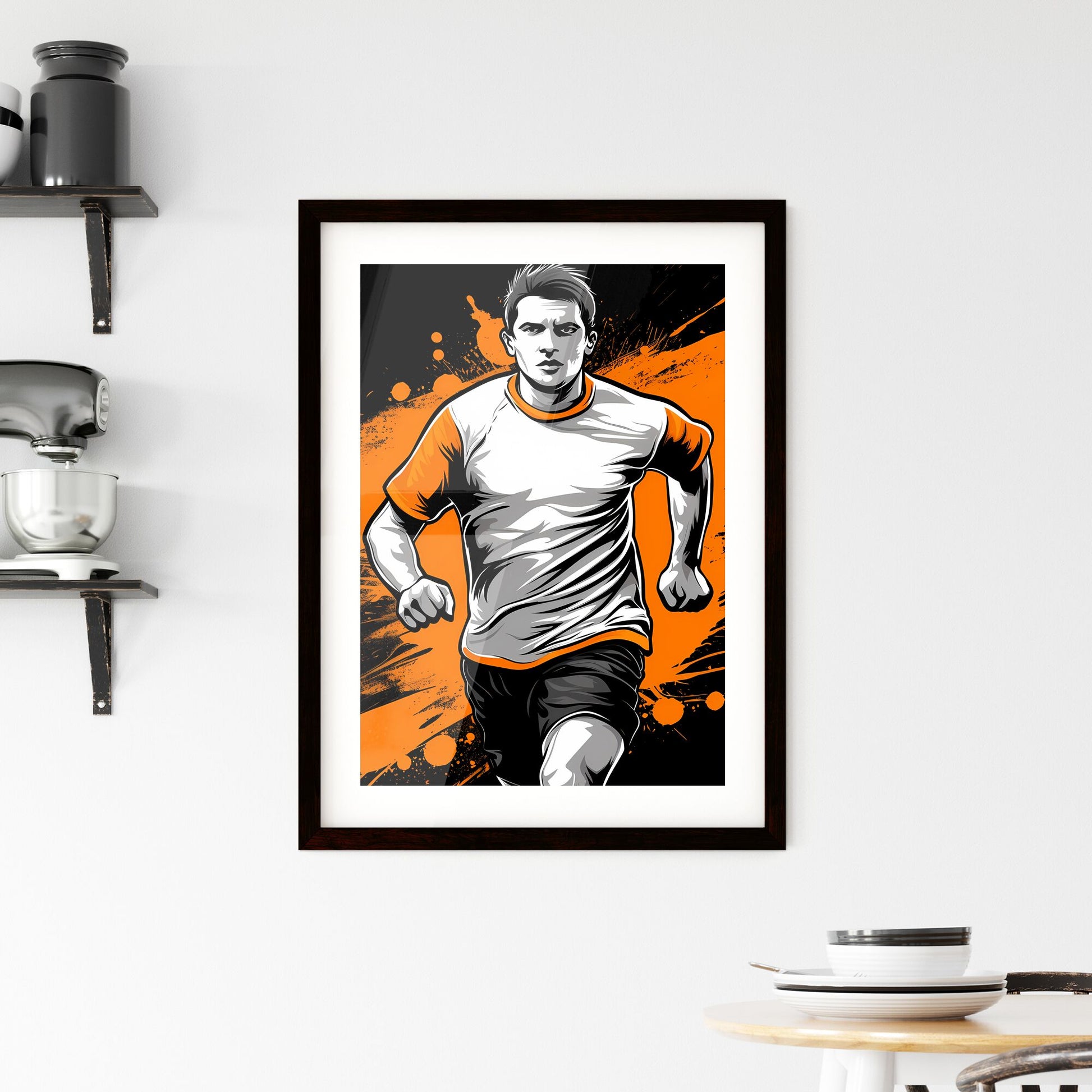 T-shirt design on black background, running Niche, flat illustration Style, - Art print of a man running with orange paint splashes Default Title