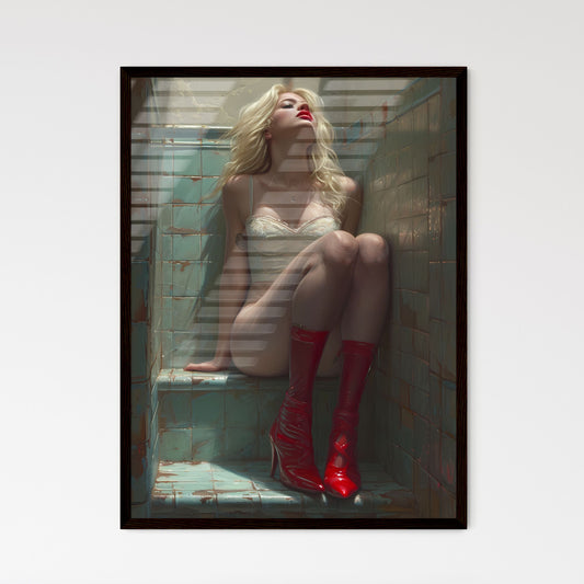 Blonde pin up girl in stockings with red high heels aviation style - Art print of a woman sitting on a tiled floor Default Title