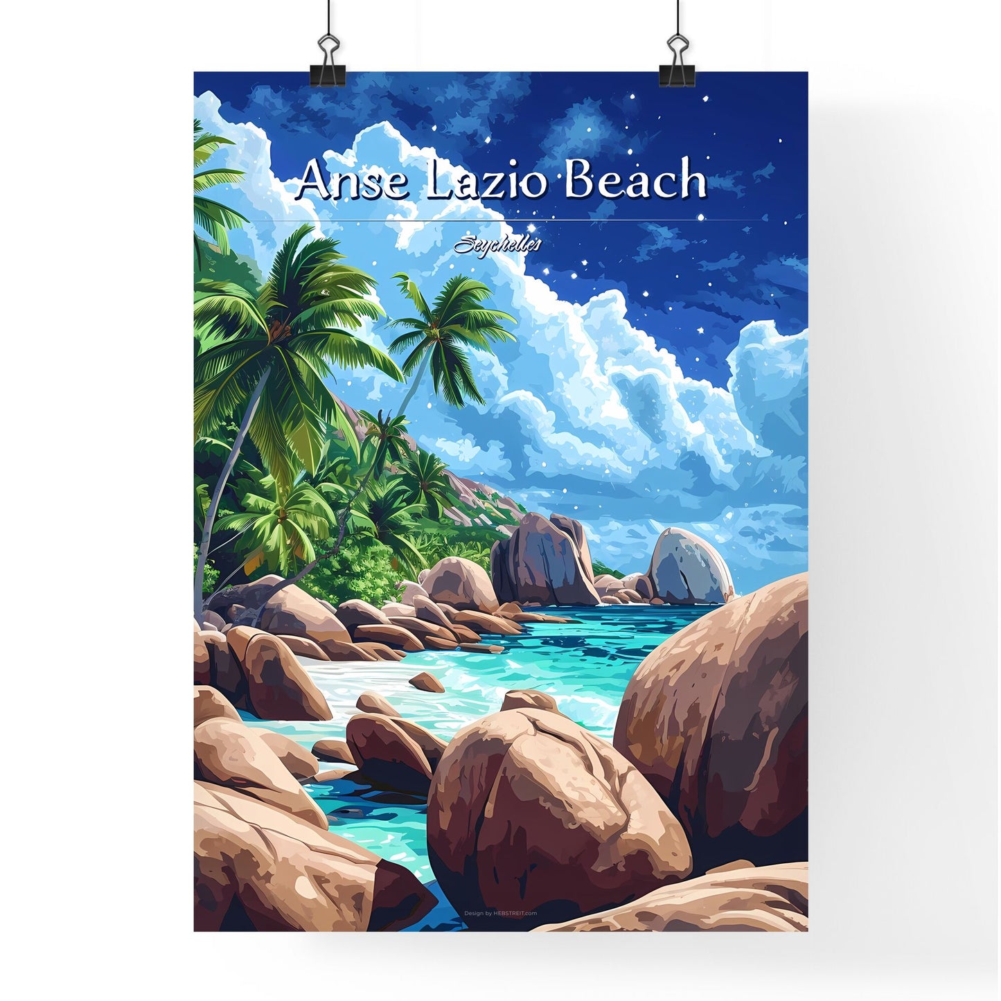 Anse Lazio Beach, Seychelles - Art print of a beach with palm trees and rocks Default Title
