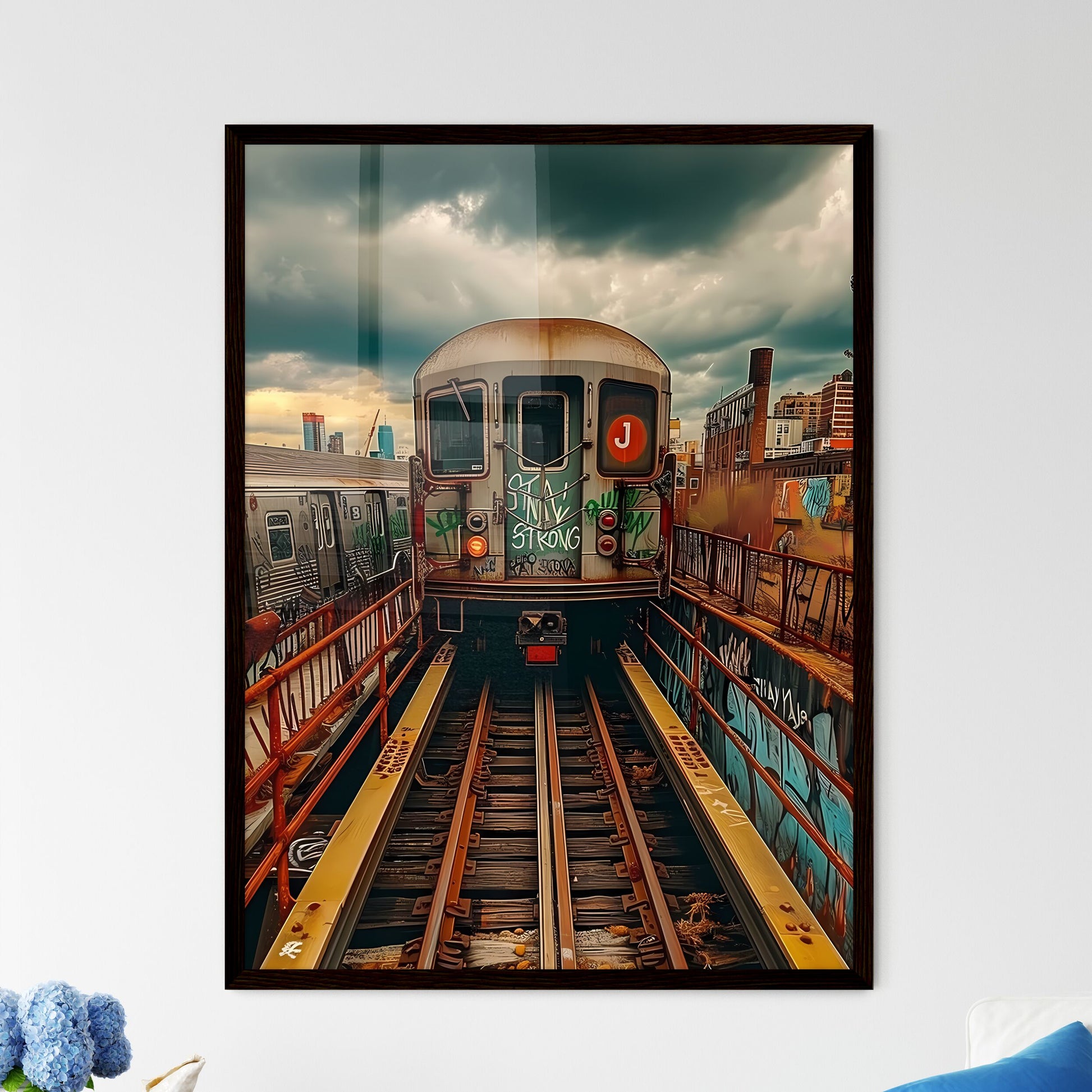 A new york train with the words spray painted STAY STRONG on it in eletric lime green, vintage poster design - Art print of a train on a bridge Default Title