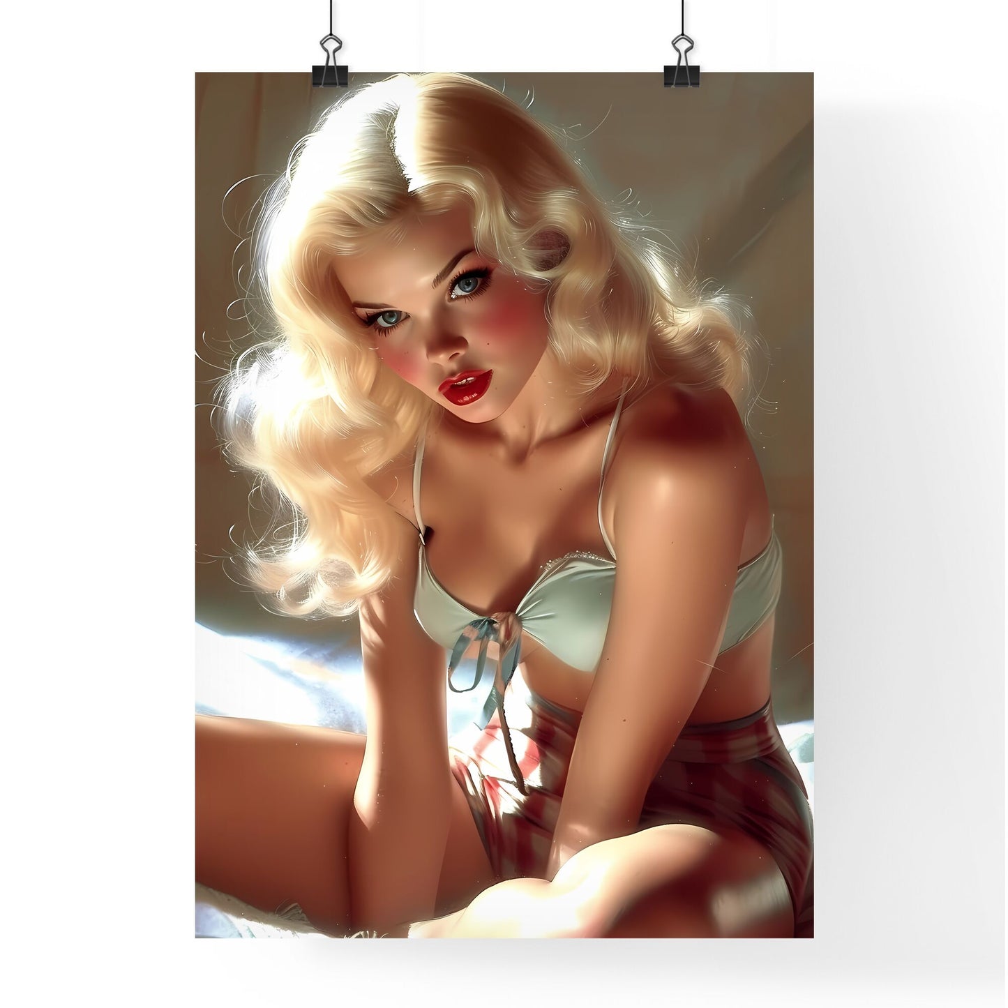 Pin up style, beautiful composition, dramatic pose - Art print of a woman sitting on a bed Default Title