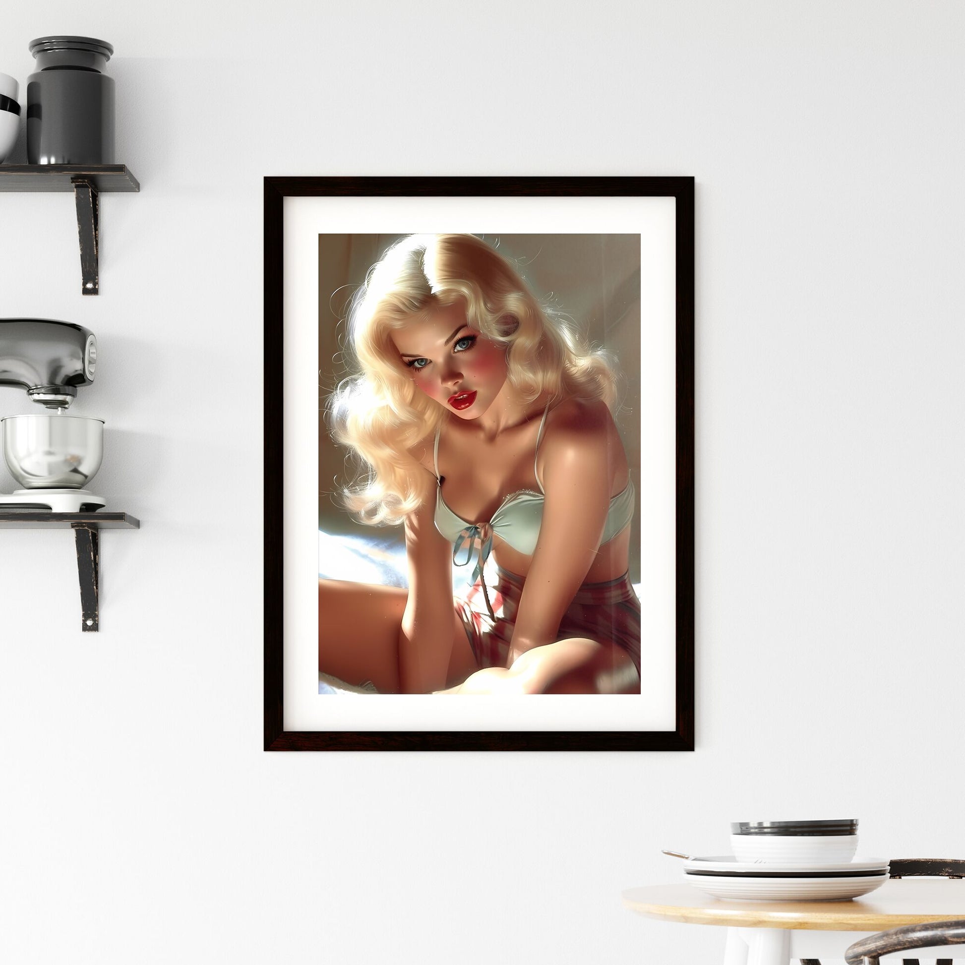 Pin up style, beautiful composition, dramatic pose - Art print of a woman sitting on a bed Default Title