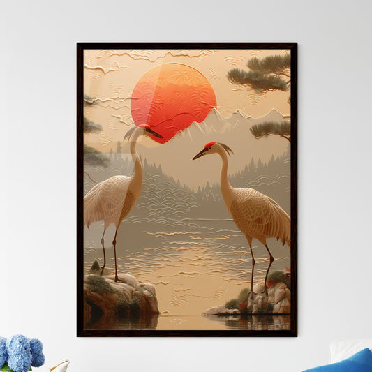 Zhuque paper-cut, new Chinese style, Chinese wind, pattern pattern - Art print of a painting of two cranes on rocks by water Default Title