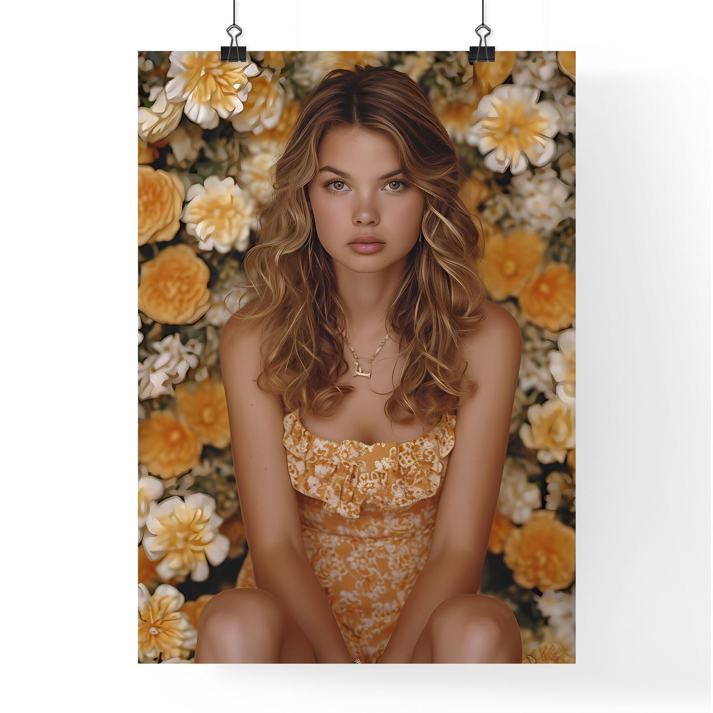 Deep Sea fisherman Rachel Welch - Art print of a woman sitting in front of a wall of flowers Default Title
