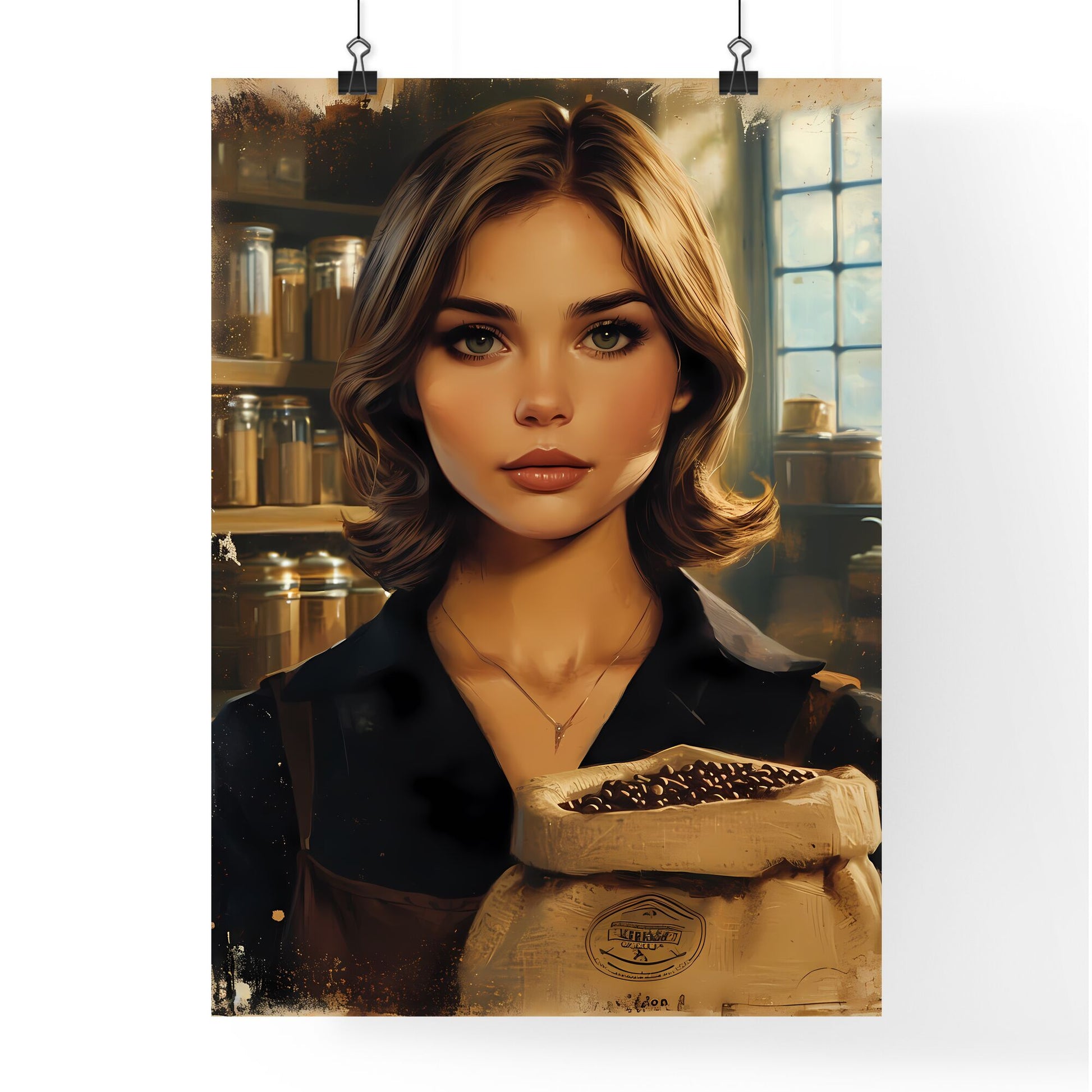 The vintage pin up Coffee girl isolated on white - Art print of a woman holding a bag of coffee beans Default Title