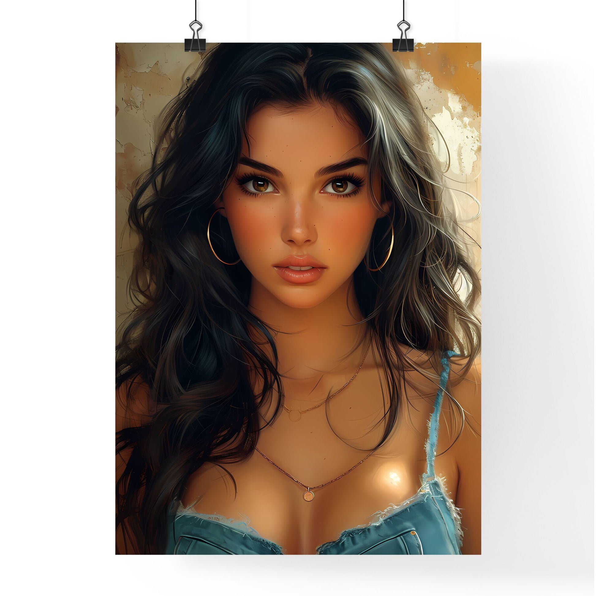 Chubby pin up girl, full body, brunette - Art print of a woman with long hair and gold hoop earrings Default Title