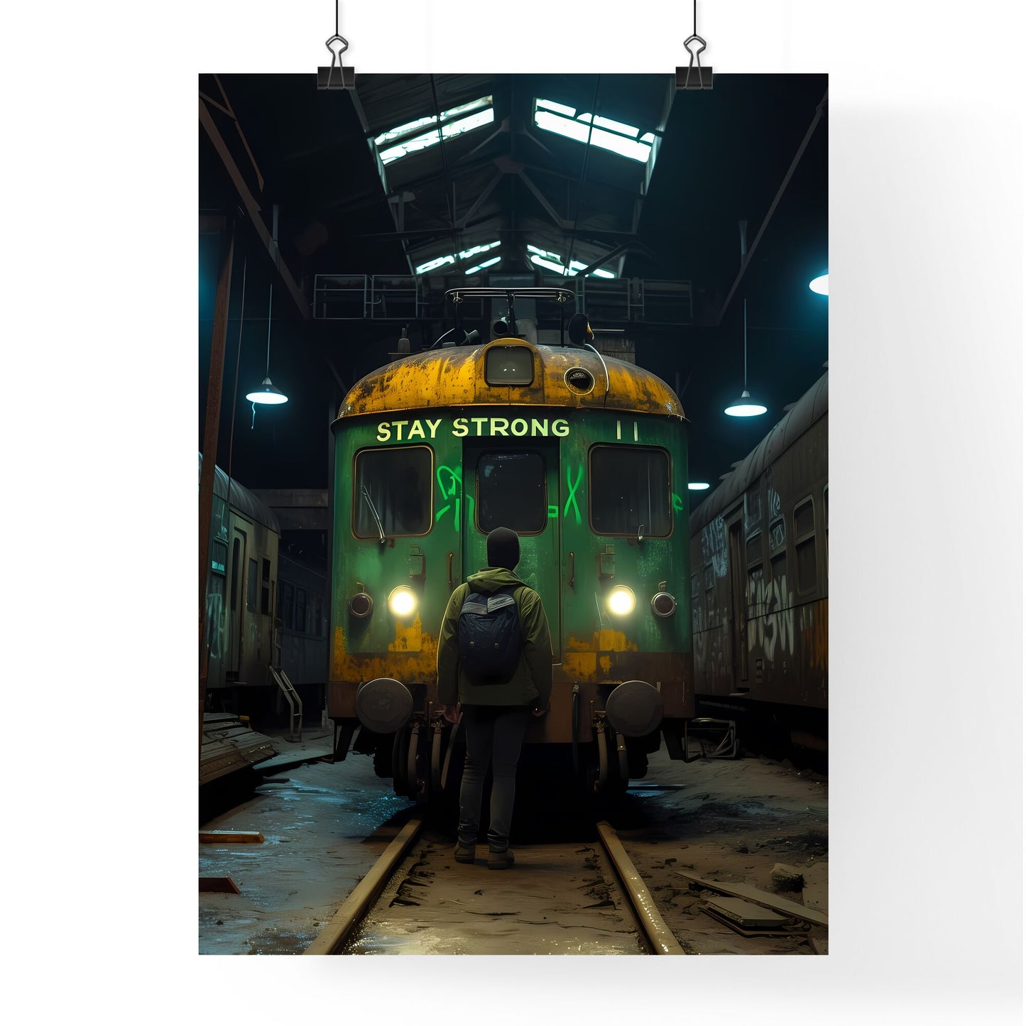 A new york train with the words spray painted STAY STRONG on it in eletric lime green, vintage poster design - Art print of a man standing in front of a train Default Title