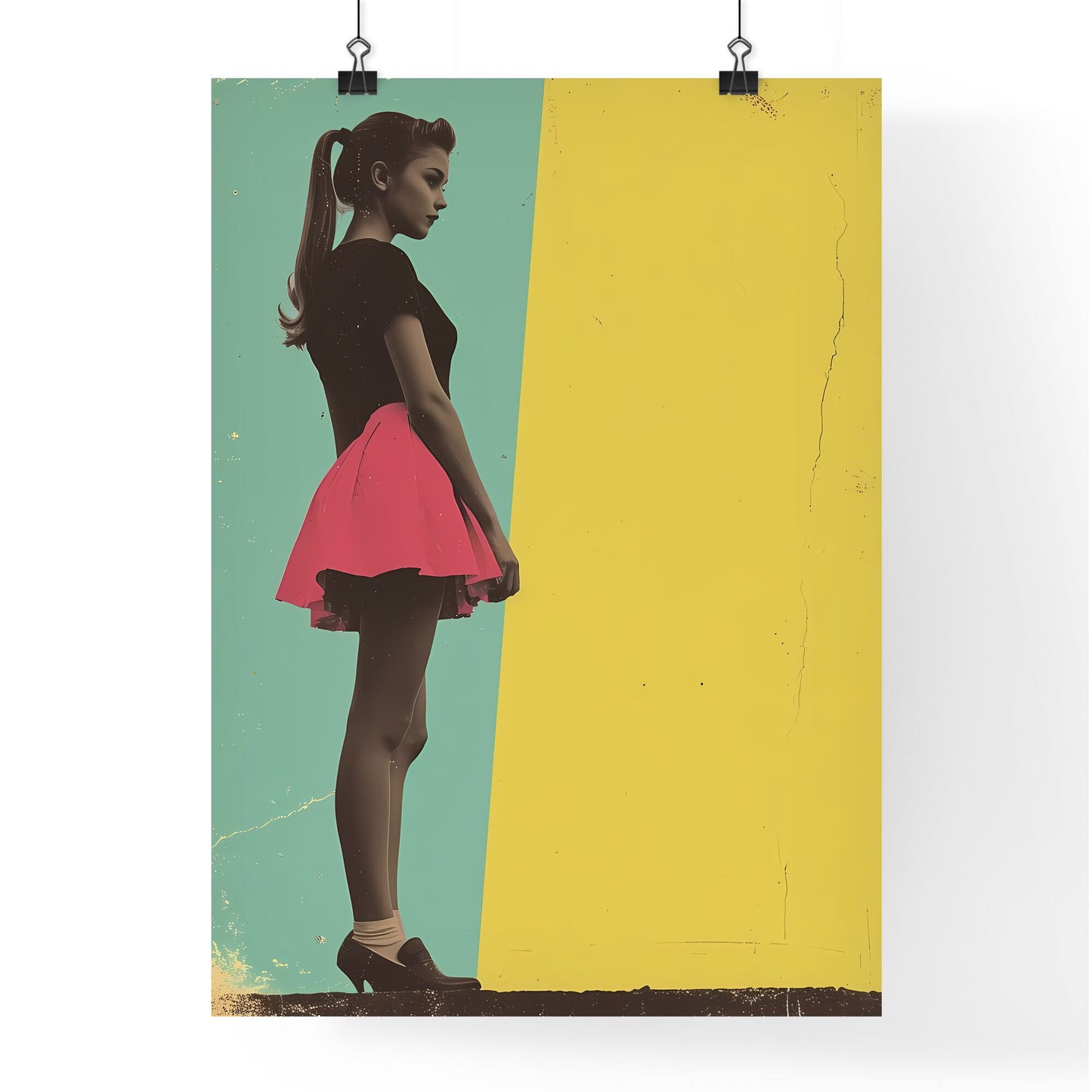Retro colorful daisy flat pattern - Art print of a woman in a black shirt and pink skirt Default Title