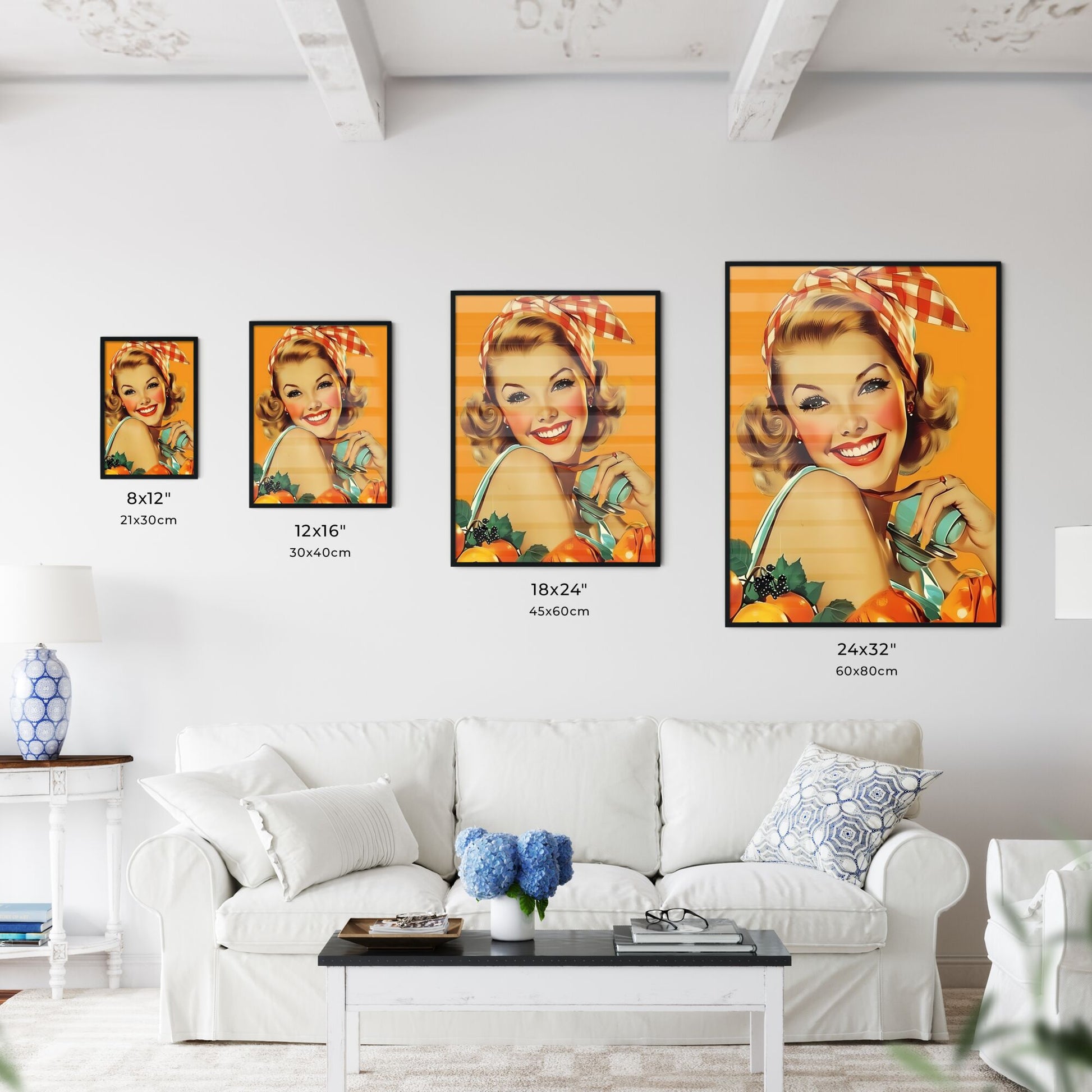 A housewife in a beautiful outfit is cleaning and she is happy, her face is very beautiful - Art print of a woman with a bow on her head Default Title