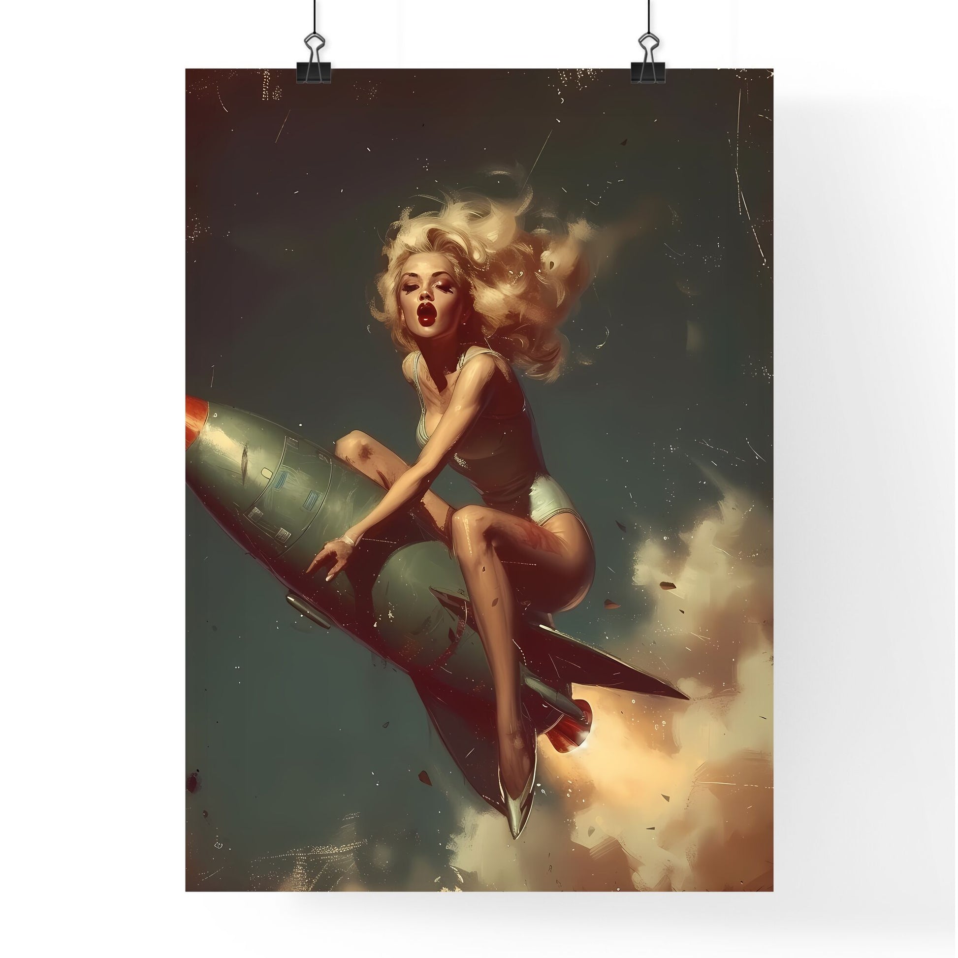 The head nurse sharply directed the nurses riding a rocket - Art print of a woman in garment sitting on a rocket Default Title