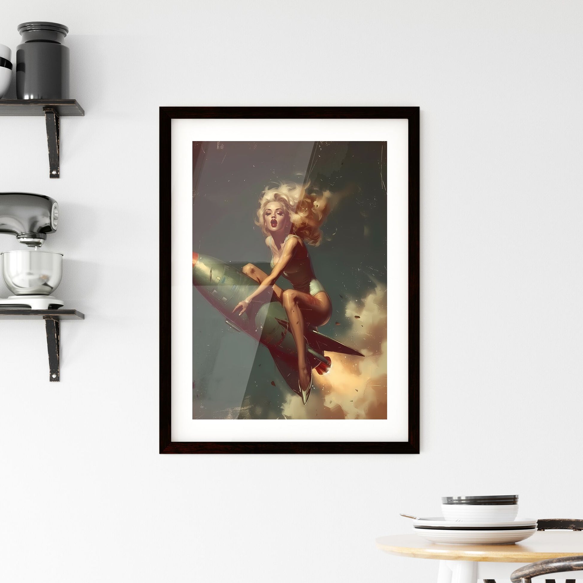 The head nurse sharply directed the nurses riding a rocket - Art print of a woman in garment sitting on a rocket Default Title