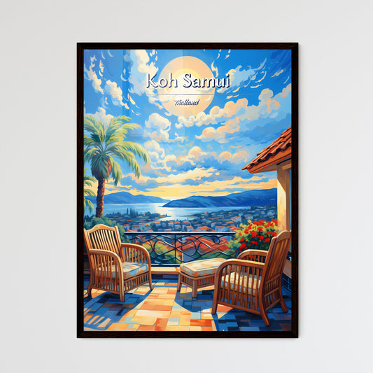 On the roofs of Koh Samui, Thailand - Art print of a painting of a balcony with chairs and a view of a city and mountains Default Title