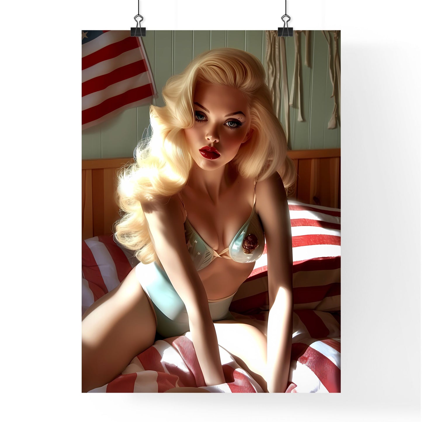 Pin up style, beautiful composition, dramatic pose - Art print of a woman in a garment sitting on a bed Default Title