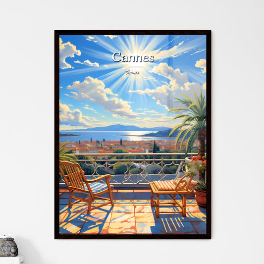 On the roofs of Cannes, France - Art print of a deck with chairs and palm trees and a view of a city and the sea Default Title