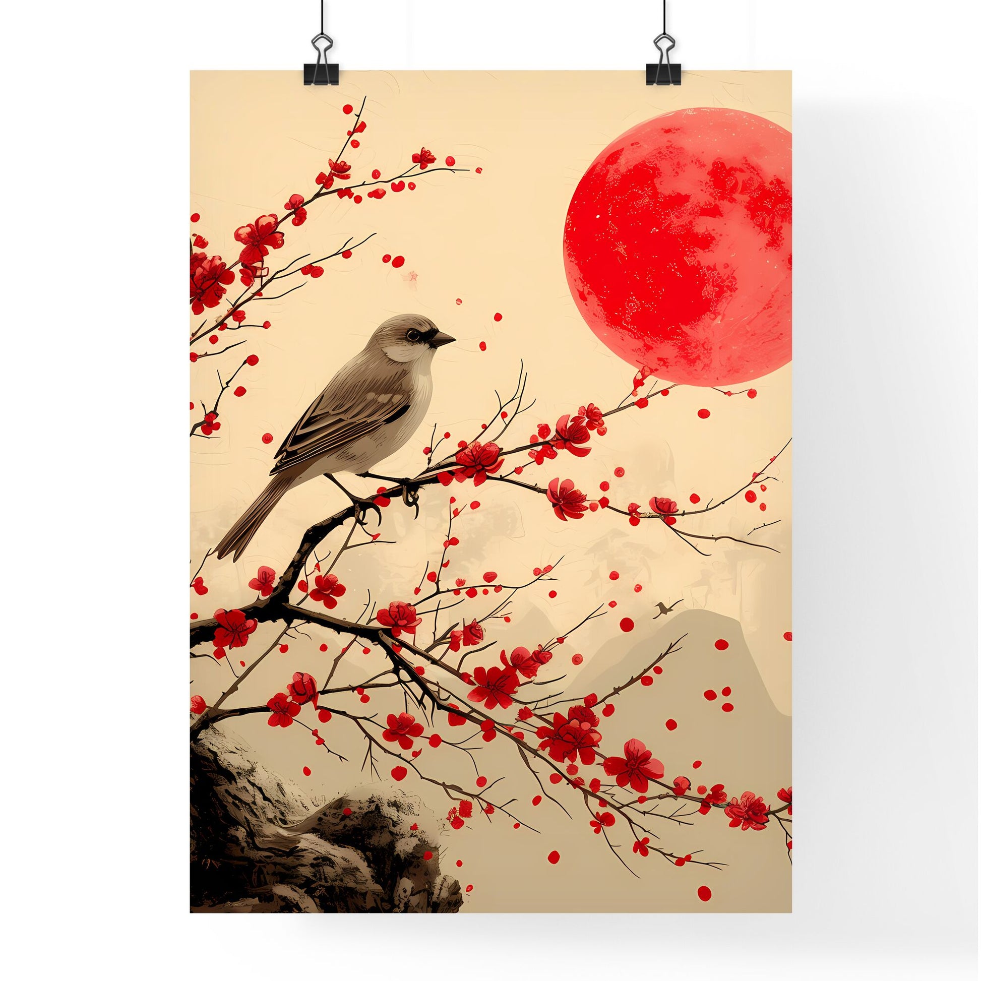 Zhuque paper-cut, new Chinese style, Chinese wind, pattern pattern - Art print of a bird on a branch with red flowers Default Title