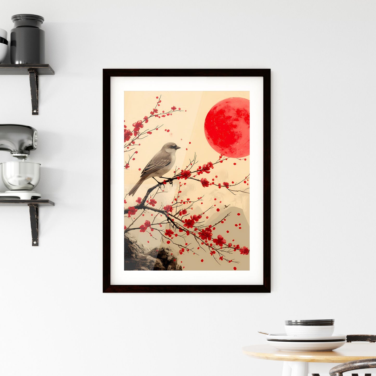 Zhuque paper-cut, new Chinese style, Chinese wind, pattern pattern - Art print of a bird on a branch with red flowers Default Title