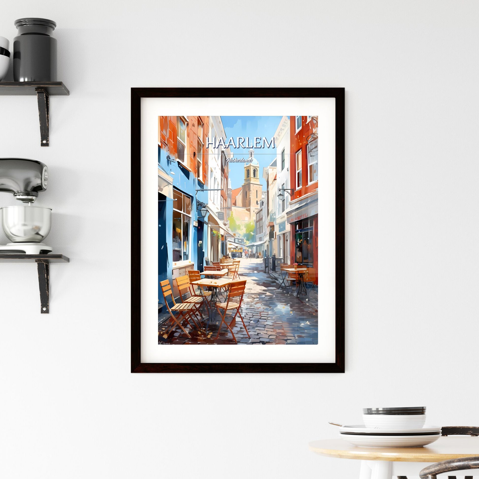 Haarlem, Netherlands - Art print of a street with tables and chairs in a city Default Title