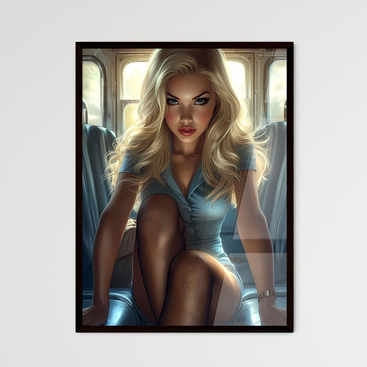 Pin up girl wearing stockings on a boat, in the style of realistic blue skies - Art print of a woman sitting in a bus Default Title
