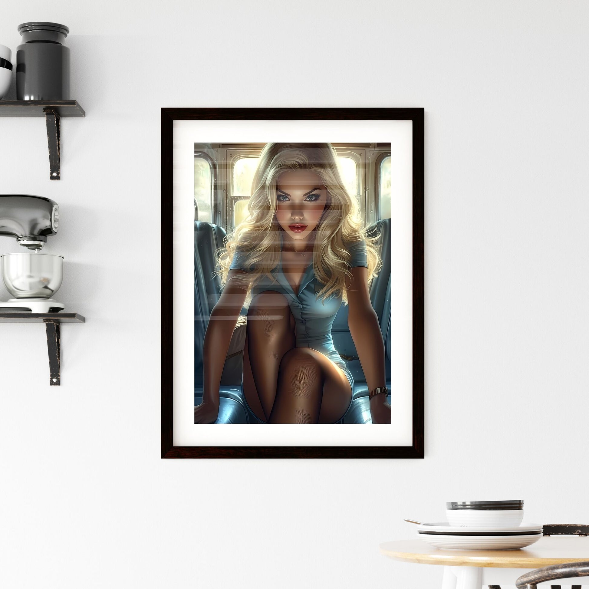 Pin up girl wearing stockings on a boat, in the style of realistic blue skies - Art print of a woman sitting in a bus Default Title