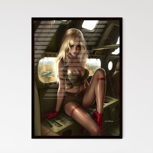 Blonde pin up girl in stockings with red high heels aviation style - Art print of a woman sitting in a plane Default Title